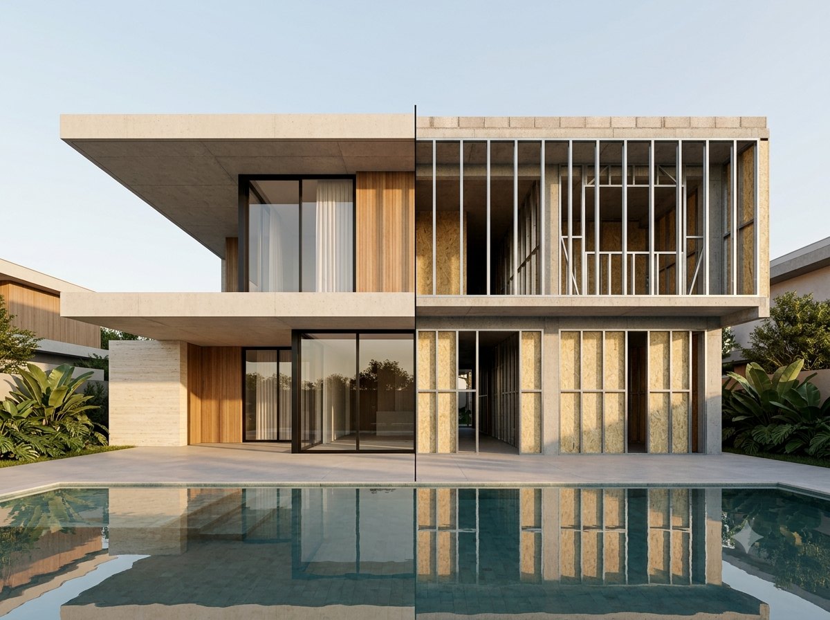 A mesma casa, com a estrutura revelada em steel frame: perfis metálicos e placas de OSB